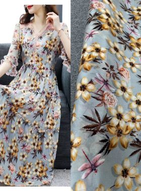 夏季新品灰蓝色底印花纯真丝双绉布料连衣裙半裙衬衫桑蚕丝面料