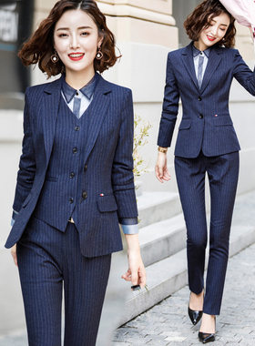 修身条纹西装套装女2025秋冬新款气质韩版毛料职业西服两粒扣女装