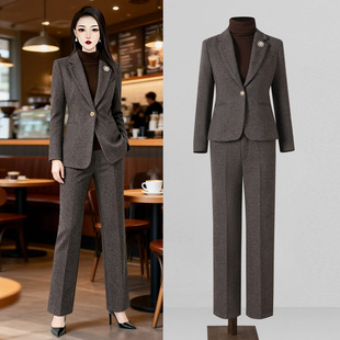 气质咖色修身 绵羊毛西装 时尚 OL休闲西服上衣减龄修身 外套 秋冬新款