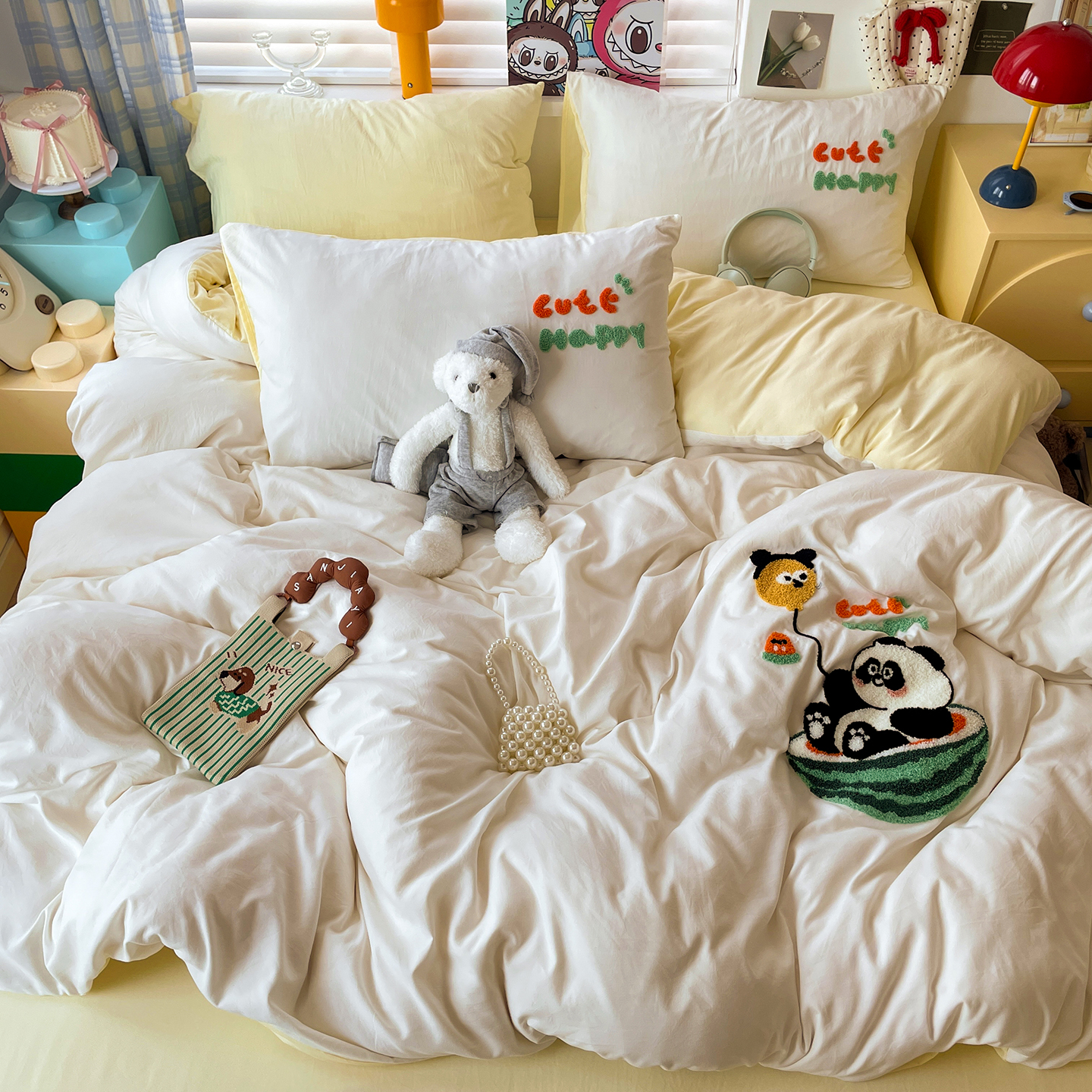 森屿鹿卡通风毛巾绣四件套水洗棉纯棉床品套件宿舍被套床单床品