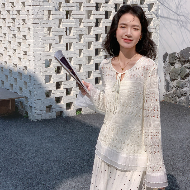 假两件针织衫慵懒风镂空勾花宽松罩衫春夏新款韩系拼接网纱防晒衫