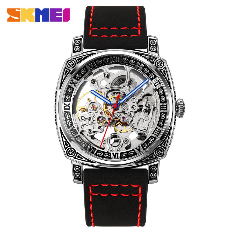 Skmei老狐狸时尚镂空雕花方形男士机械表2022新款跨境热卖皮带表