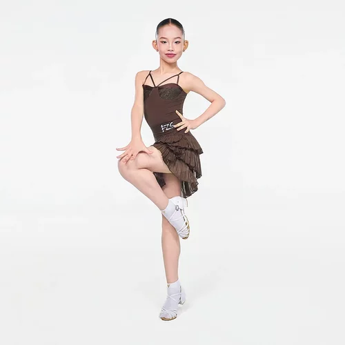 FZS DANCE L325新款拉丁舞女设计感吊带流光百褶裙套装 棕色