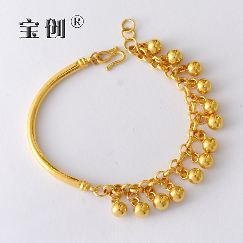 足金999半镯珍珠链铃铛手链纯黄金民族风亮面圆球手饰