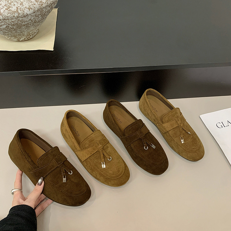 复古反绒皮流苏乐福鞋女一脚蹬懒人鞋百搭圆头平底拖鞋
