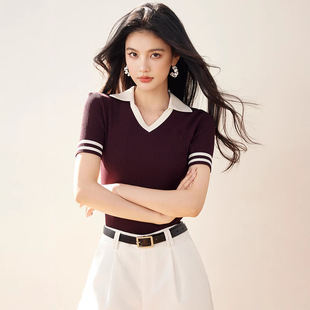 女2025春夏新款 法式 针织衫 学院风短袖 撞色边polo领V领正肩T恤 薄款