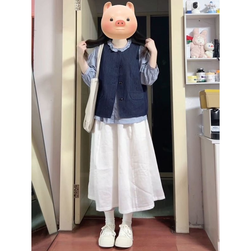 三件套春季复古甜美学院风牛仔马甲+木耳花边衬衫+白色半身裙