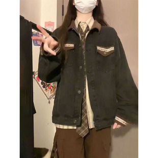 学院风复古撞色牛仔外套女学生春秋新款 法式 潮流翻领夹克上衣