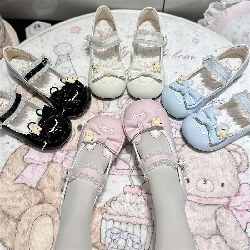 校园风甜美粉色lo鞋日系圆头单鞋女蝴蝶结夏季可爱萌款一字扣皮鞋