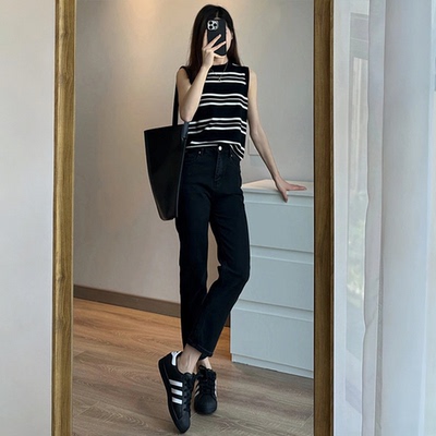 黑色牛仔裤女款爆款2026流行新款窄版修身直筒裤小个子显瘦烟管裤