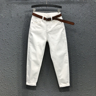 胖mm九分白色牛仔裤 小个子哈伦裤 大码 高腰宽松老爹裤 潮 女春秋新款