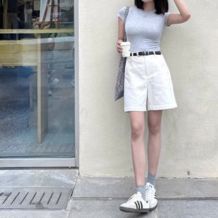 百搭减龄五分中裤 夏天宽松时尚 出片衣服 女款 白色高腰阔腿牛仔短裤