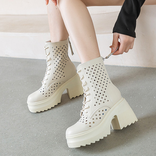 真皮厚底马丁靴女夏季薄款2024新款10厘米镂空透气凉靴增高短靴子