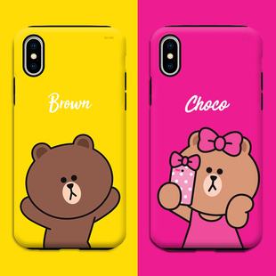 韩国line friends布朗熊双层iPhone xs max手机壳8plus苹果x防摔7可妮兔iPhonexr红色可爱XR情侣7女丘可p卡通