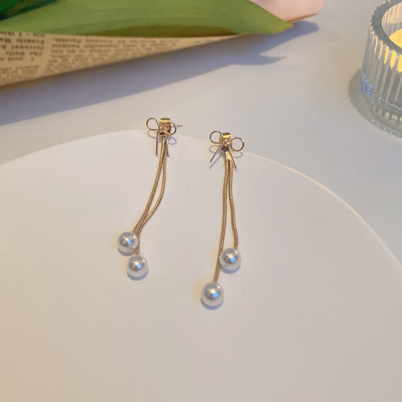 S925银针韩国长款流苏珍珠耳钉甜美镂空小巧蝴蝶结耳环耳饰1Y158