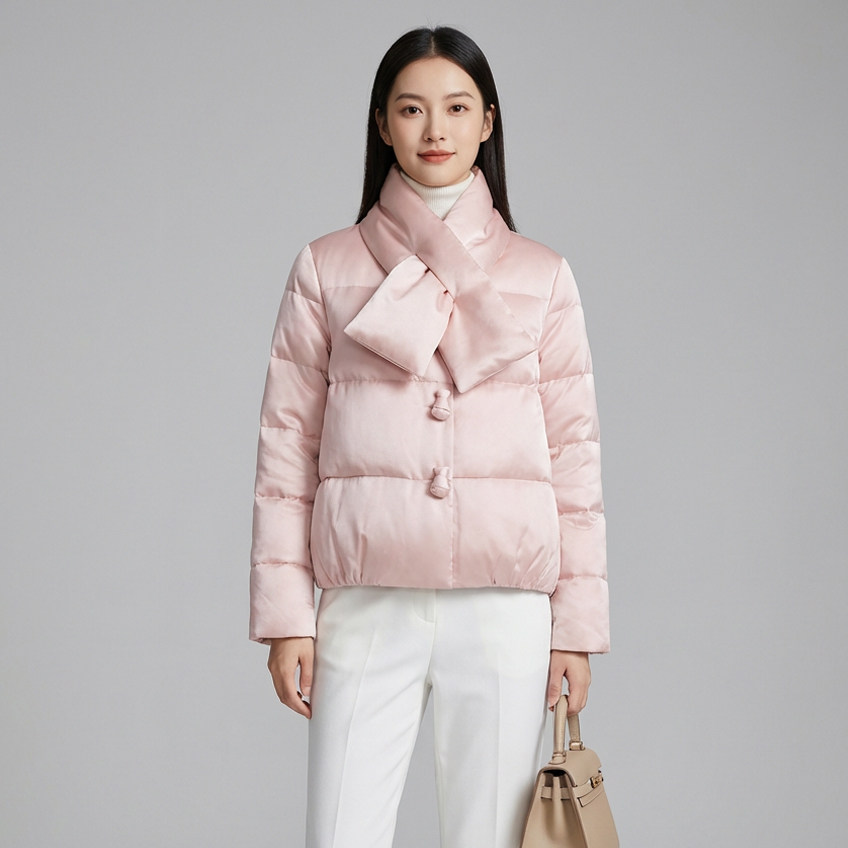 小个子羽绒服女冬季新款醋酸立领白鹅绒面包服围脖外套