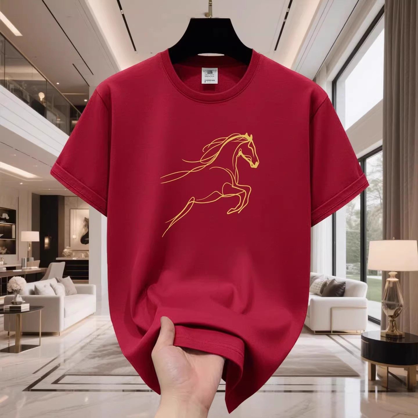 香港正品潮牌马年本命年酒红色金色小马半袖男女纯棉宽松短袖T恤