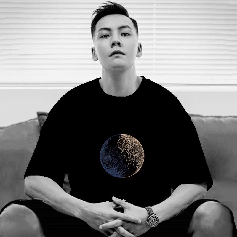 香港正品潮牌夏季陈伟霆月球条纹半袖男女款纯棉宽松圆领短袖T恤