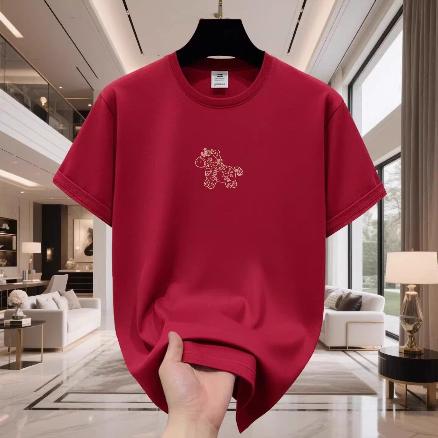 香港正品潮牌马年本命年酒红色金色小马半袖男女纯棉宽松短袖T恤