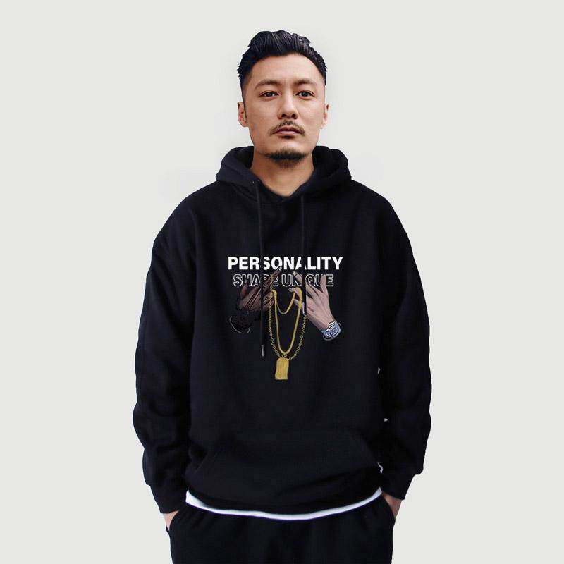 香港正品潮牌秋冬余文乐金链条字母休闲上衣男款加绒纯棉连帽卫衣