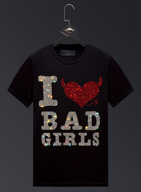 香港正品潮牌夏季红色爱心桃心烫钻半袖男女丝光棉加大码短袖T恤