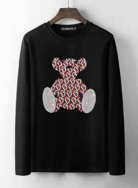 香港正品潮牌秋冬红色小熊烫钻打底衫男女加大码纯棉长袖T恤卫衣