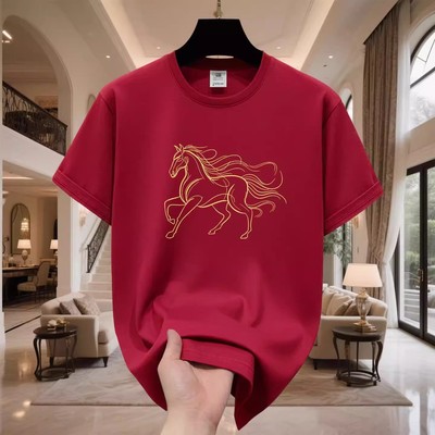 香港正品潮牌马年本命年酒红色金色战马半袖男女纯棉宽松短袖T恤