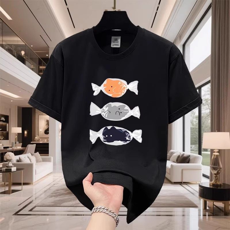 香港正品潮牌夏季卡通糖果小猫半袖男生纯棉重磅宽松圆领短袖T恤