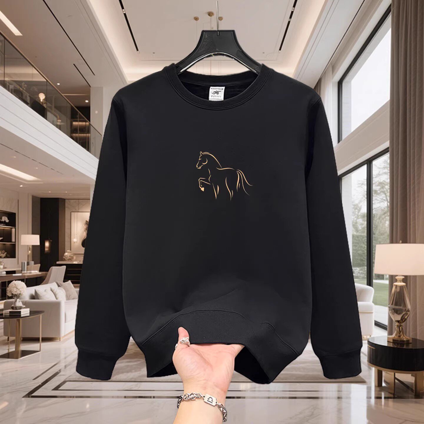 香港正品潮牌秋冬马年黄色素描小马打底衫男女款纯棉加绒圆领卫衣