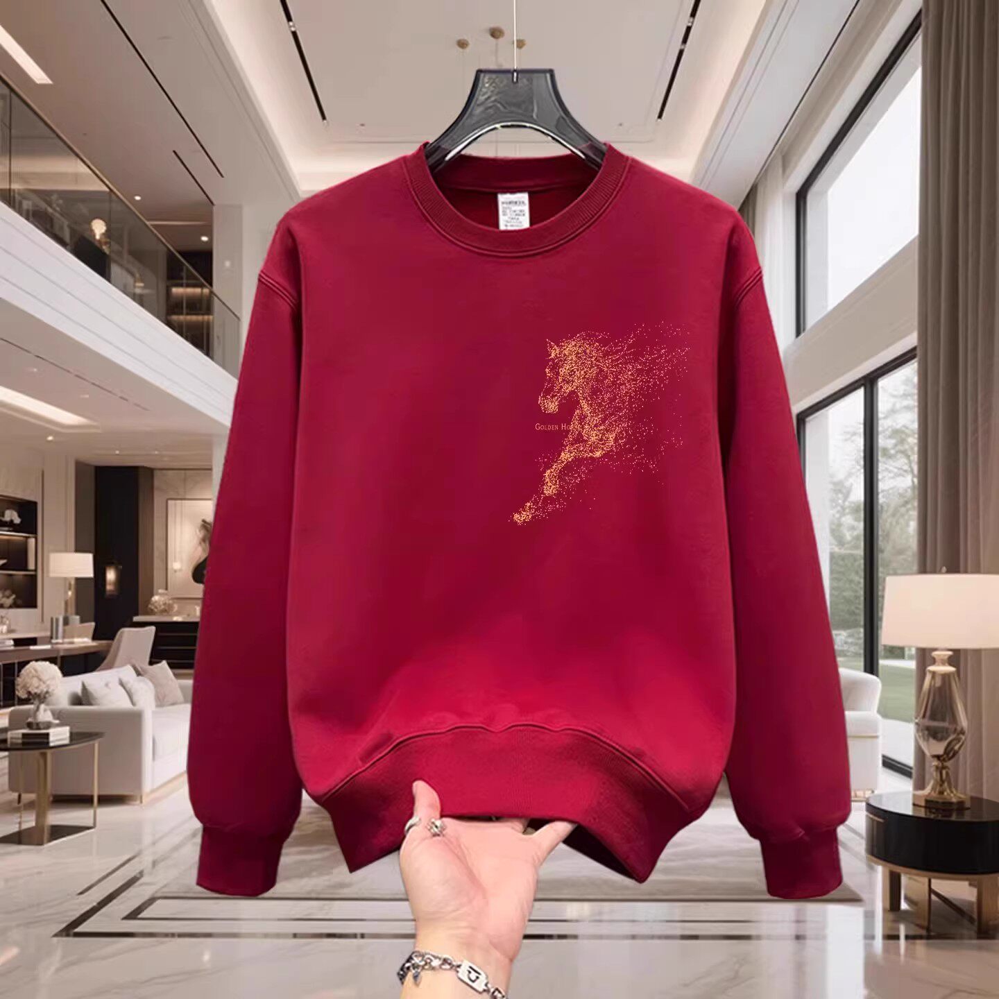 香港正品潮牌秋冬马年本命年酒红色波点小马打底衫男纯棉加绒卫衣