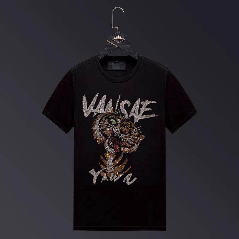 香港正品潮牌烫钻英文老虎休闲半袖男女款丝光棉大码冰丝短袖T恤