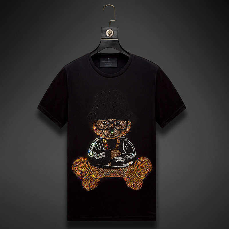 香港正品潮牌夏季眼镜小熊烫钻半袖男女款丝光棉大码冰丝短袖T恤