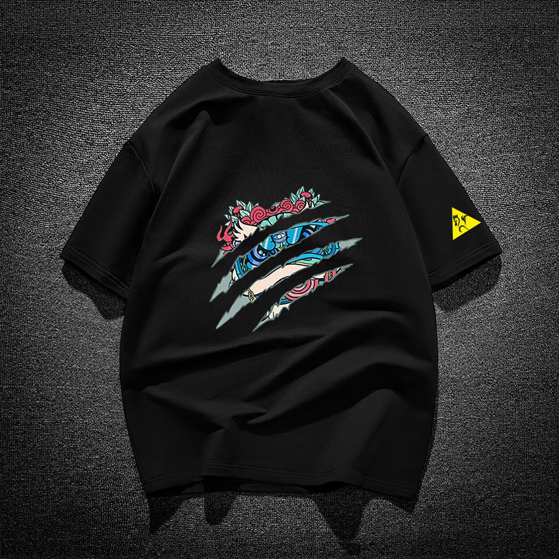 香港正品潮牌夏季撕裂条纹醒狮半袖男女纯棉宽松大码重磅短袖T恤