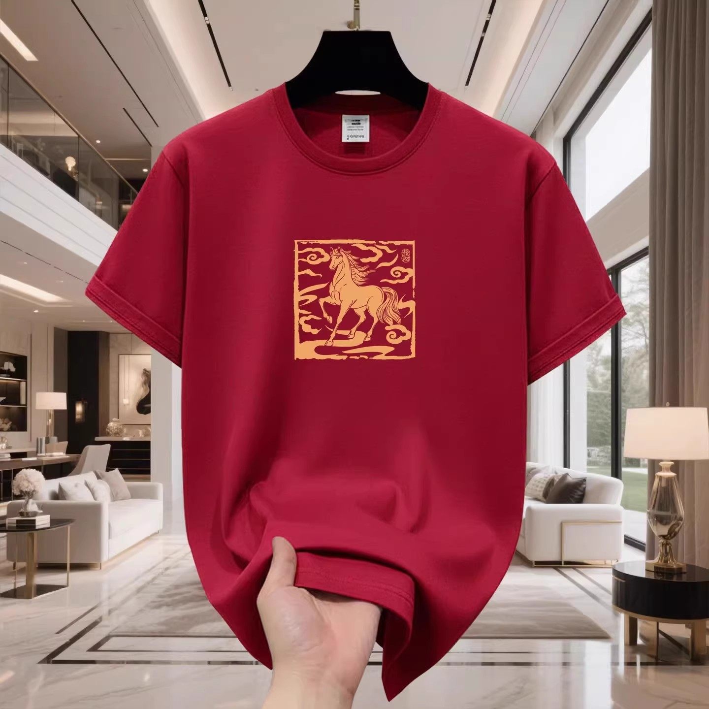 香港正品潮牌马年本命年酒红色腾云小马半袖男女纯棉宽松短袖T恤