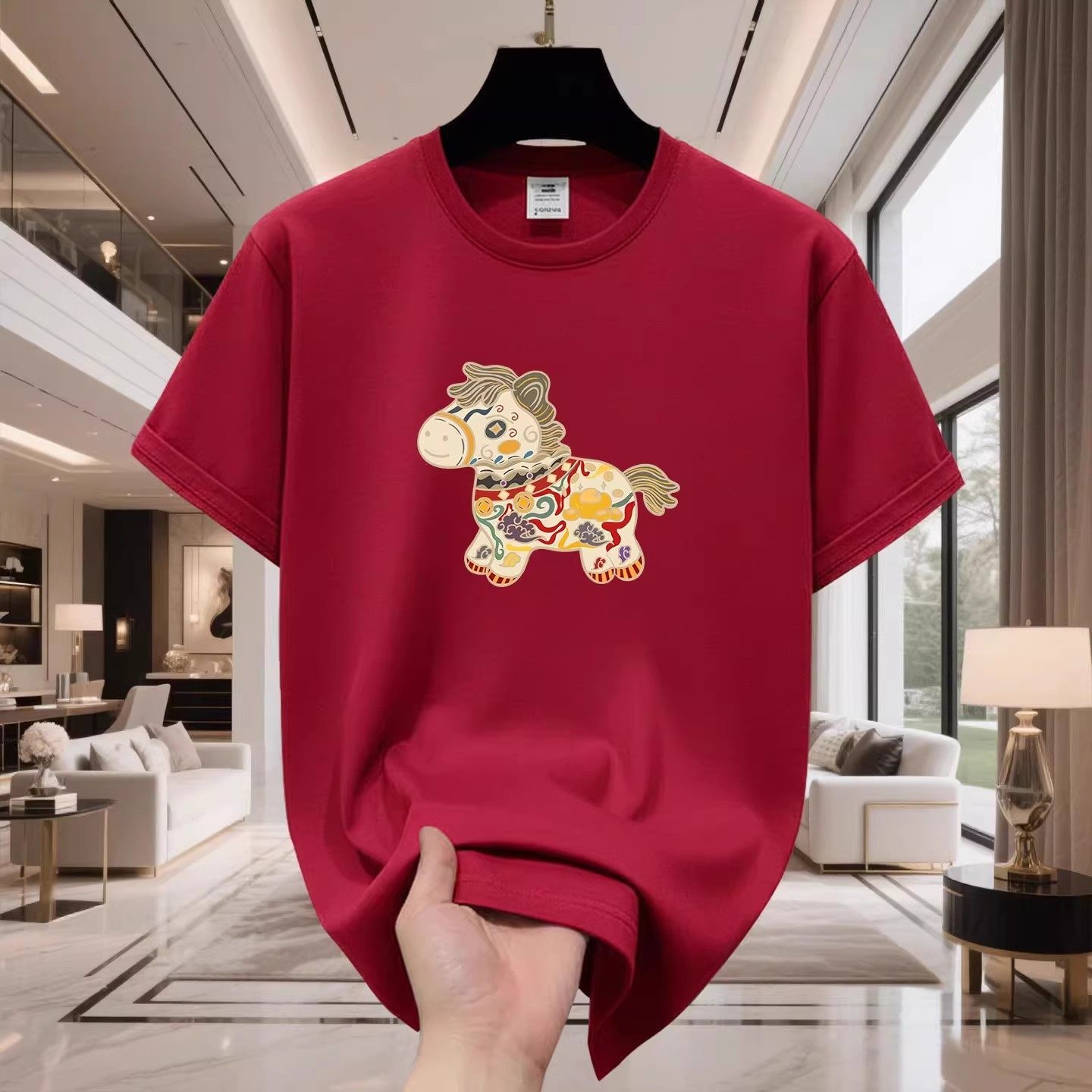 香港正品潮牌马年本命年酒红色七彩小马半袖男女纯棉宽松短袖T恤