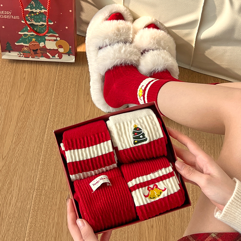 大红色纯棉中筒袜秋冬圣诞礼盒袜