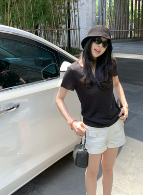 喂狗小面包短袖t恤女夏2026新款打底衫和纸纱凉感不闷v领针织T恤
