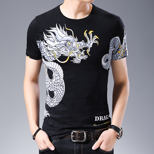 痞子男士夏季冰丝棉花式短袖T恤衫 霸气龙图案印花个性大码半截袖