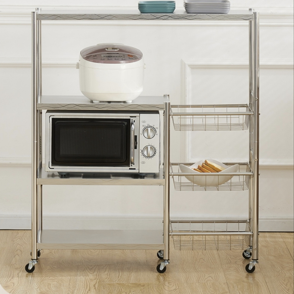 四层不锈钢多用置物架带网篮置物架网框组合置物架带轮子