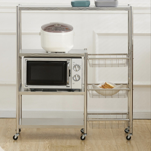 四层不锈钢多用置物架带网篮置物架网框组合置物架带轮子