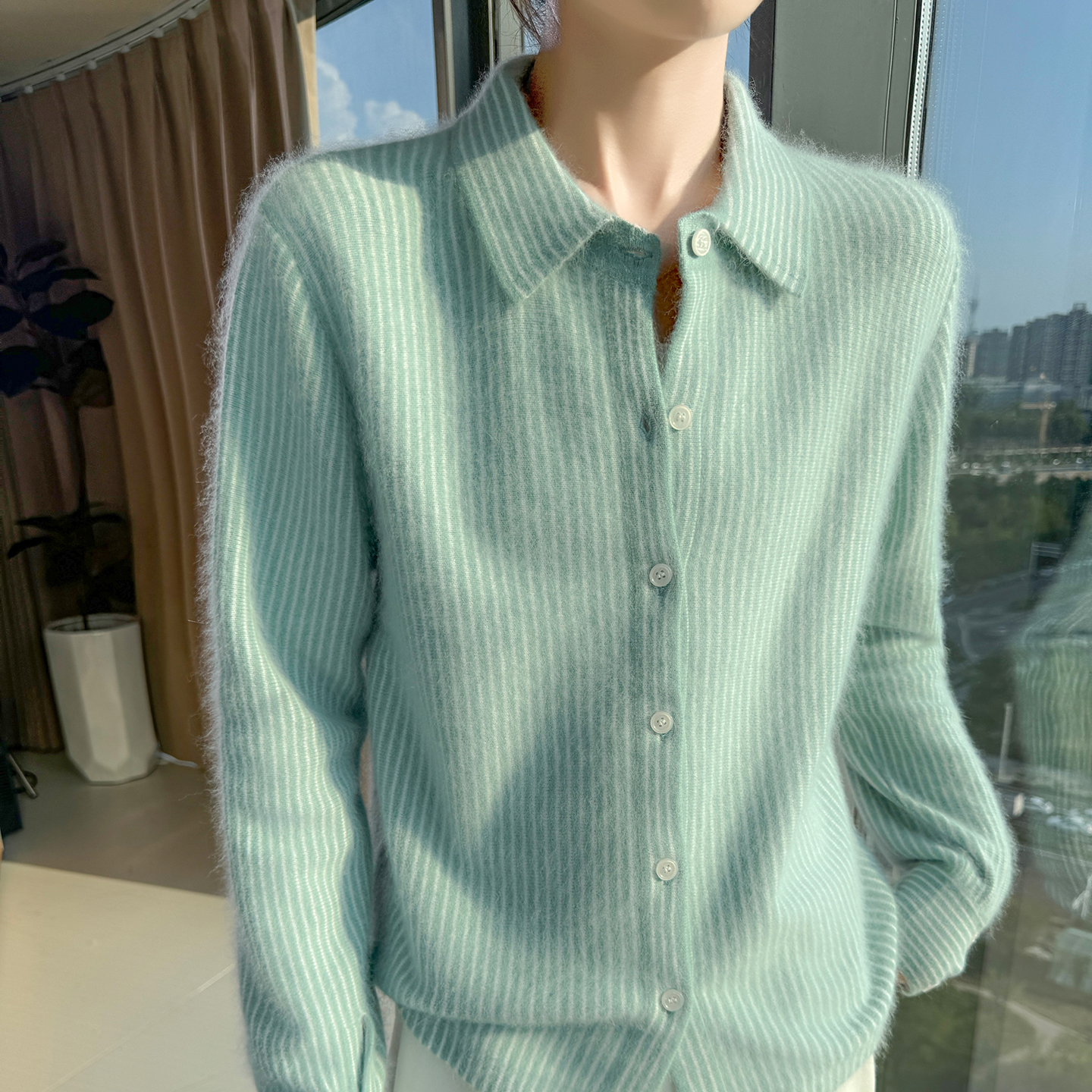 亲肤山羊绒开衫女竖条纹加厚毛衣外套2025秋冬圆领针织打底衫显瘦