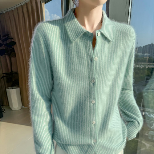 亲肤山羊绒开衫女竖条纹加厚毛衣外套2025秋冬圆领针织打底衫显瘦