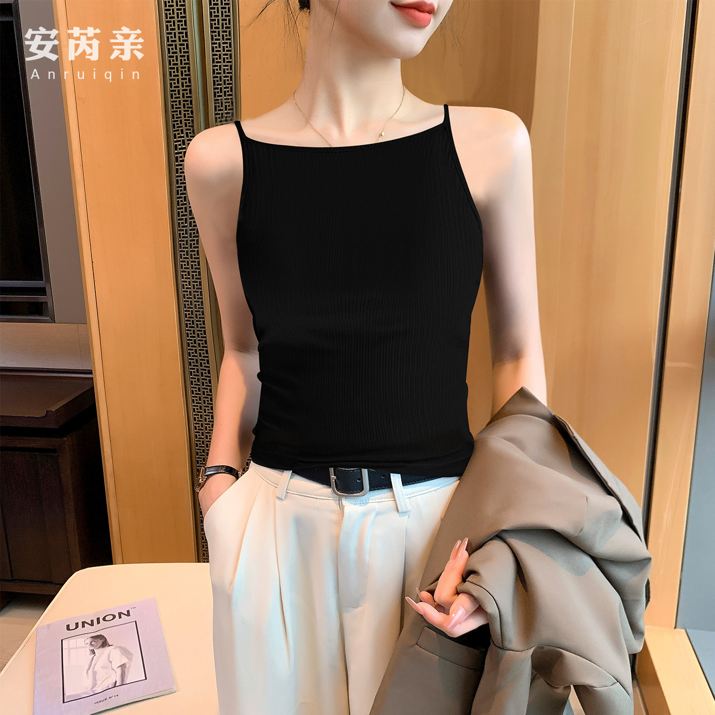 黑色一字领吊带背心女外穿春夏季新款内搭显瘦遮副乳船领运动上衣