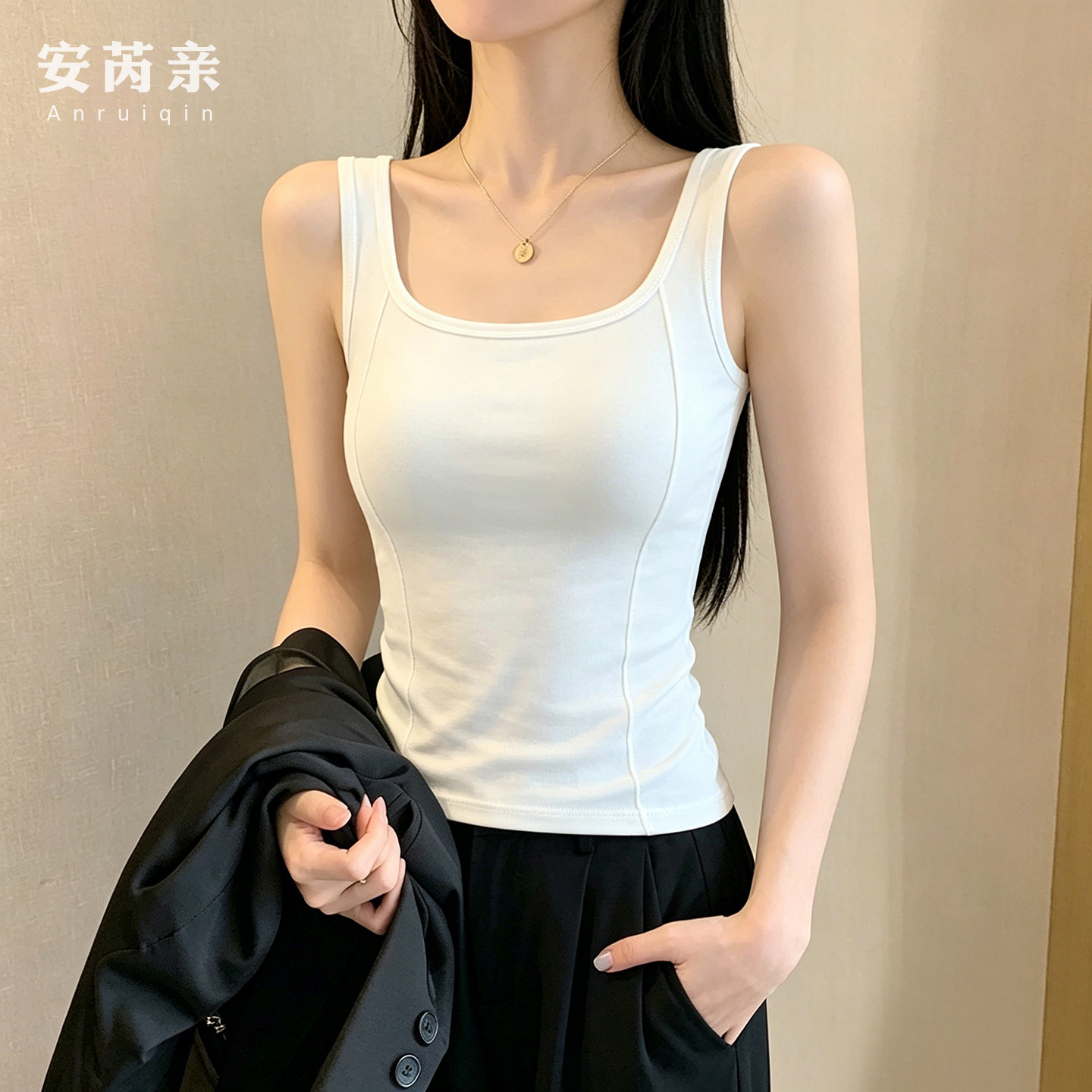 白色美背吊带背心女夏季2026新款鱼骨露背内搭遮副乳显瘦打底上衣