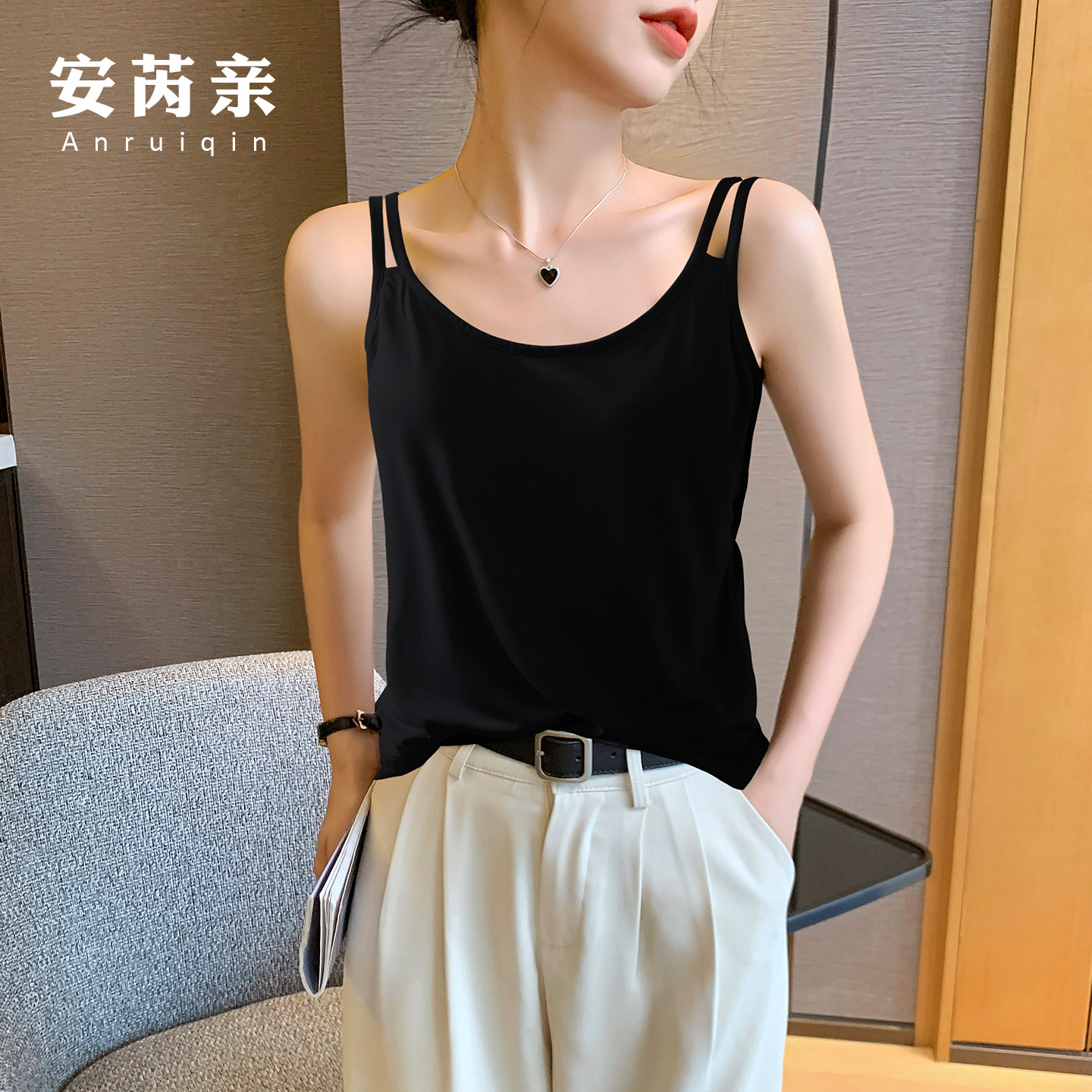 黑色冰丝宽松凉感吊带背心女内搭遮副乳防走光外穿打底显瘦上衣夏