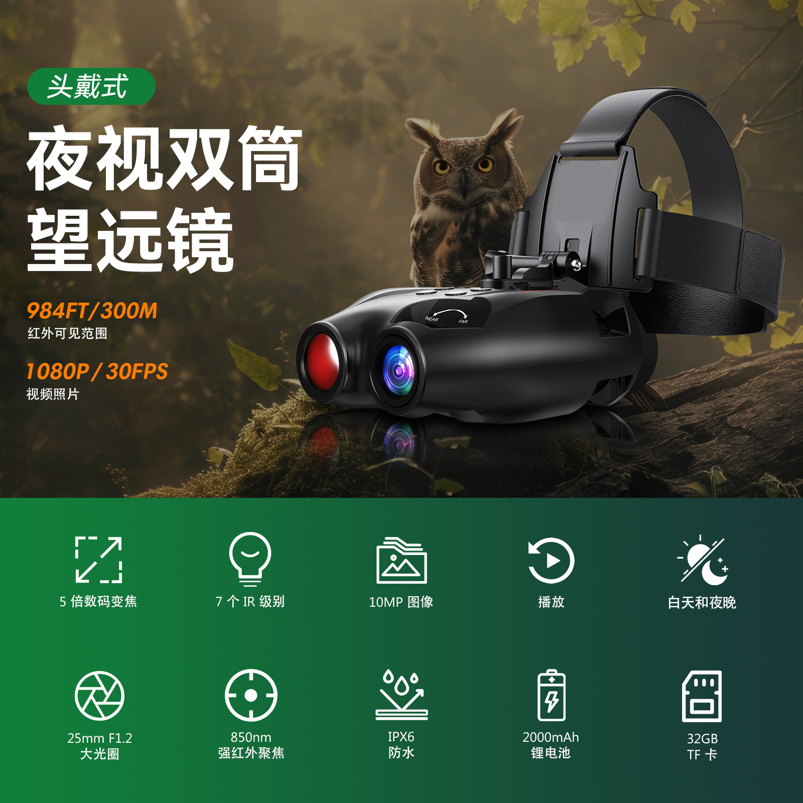 头戴红外夜视仪昼夜两用1080P拍照录像夜间观察记录5X数码望远镜