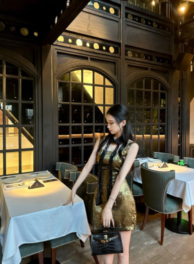 Elyssa月下夜莺 黑金流光时尚两件套亮片领带吊带气质连衣裙女