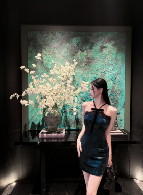 Elyssa绿川琥珀 深绿色贵气蕾丝高级感钻石丝绒吊带连衣裙女春夏