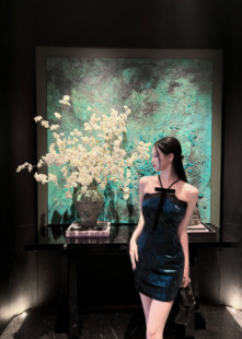 Elyssa绿川琥珀 深绿色贵气蕾丝高级感钻石丝绒吊带连衣裙女春夏