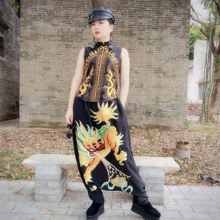 天韵设计原创新款刺绣吊裆裤阔腿裤哈伦裤宽松垮裤休闲长裤子套装